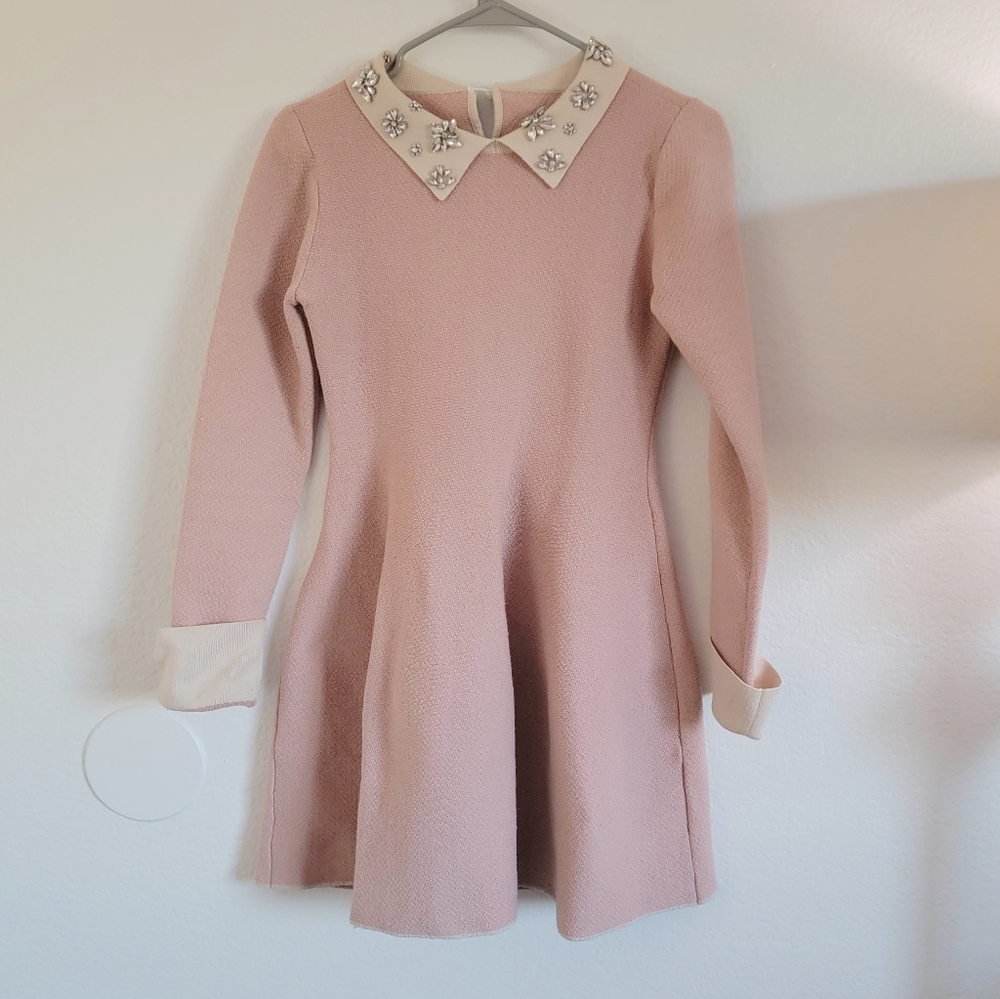 Cute korean boutique fashion knit dress gemstone collar peterpan style pink s